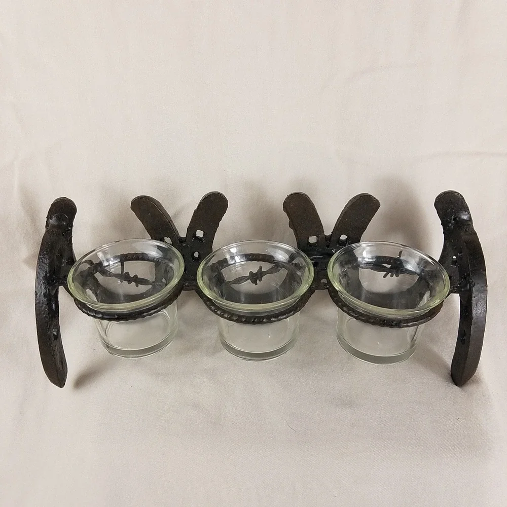 Rustic‎ Horseshoe Barbed Wire Votive Candle Holder 3 Glass Cups Western Decor
